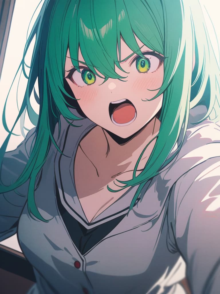  Ghibli style style green hair character, shouting, masterpiece, best quality,8k,ultra detailed,high resolution,an extremely delicate and beautiful,hyper detail