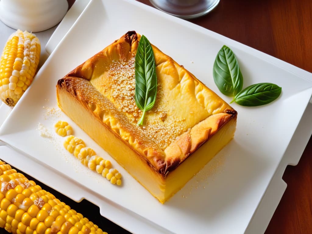  An ultradetailed closeup image of a freshly baked Pastel de Choclo dulce chileno, showcasing the golden crust, bubbling corn filling, and sprinkled with fresh basil leaves, all on a sleek, modern white plate. The intricate textures of the corn grains, the caramelized edges of the crust, and the vibrant green of the basil create a visually striking and appetizing composition that perfectly captures the essence of this traditional Chilean dish. hyperrealistic, full body, detailed clothing, highly detailed, cinematic lighting, stunningly beautiful, intricate, sharp focus, f/1. 8, 85mm, (centered image composition), (professionally color graded), ((bright soft diffused light)), volumetric fog, trending on instagram, trending on tumblr, HDR 4K, 8K