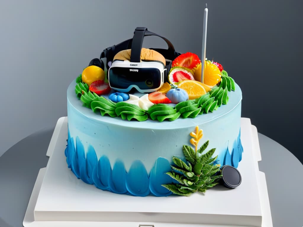  A minimalist image showcasing a beautifully decorated cake with intricate details and vibrant colors, overlaid with virtual reality markers and symbols to represent the use of augmented reality technology in cake decorating. The cake is elegantly displayed on a sleek, modern cake stand against a clean, white background, emphasizing the fusion of traditional craftsmanship with cuttingedge technology in the culinary world. hyperrealistic, full body, detailed clothing, highly detailed, cinematic lighting, stunningly beautiful, intricate, sharp focus, f/1. 8, 85mm, (centered image composition), (professionally color graded), ((bright soft diffused light)), volumetric fog, trending on instagram, trending on tumblr, HDR 4K, 8K