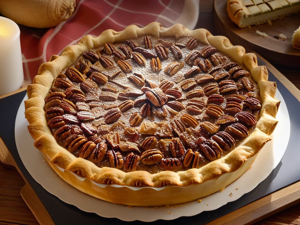  A closeup, highresolution image of a freshly baked Pecan Pie on a rustic wooden table, showcasing the golden, flaky crust adorned with perfectly caramelized pecans. The pie is surrounded by scattered whole pecans, a drizzle of warm caramel sauce, and a dusting of powdered sugar, creating a visually appealing and appetizing minimalist composition that highlights the rich textures and flavors of this authentic Southern dessert. hyperrealistic, full body, detailed clothing, highly detailed, cinematic lighting, stunningly beautiful, intricate, sharp focus, f/1. 8, 85mm, (centered image composition), (professionally color graded), ((bright soft diffused light)), volumetric fog, trending on instagram, trending on tumblr, HDR 4K, 8K