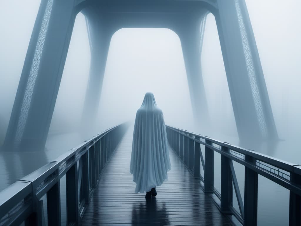  futuristic style lonely ghost walking in the fog on the bridge over the river styx, widescreen shot, panoramic view,  detailing, intricate details, high detailing, by greg rutkowski . sleek, modern, ultramodern, high tech, detailed