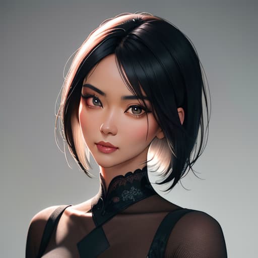  A hyper realistic, detailed portrait of an Asian woman with short black hair, wearing a black top. She has a calm and composed expression, with a neutral textured wall background. The lighting is soft, highlighting her facial features. Ensure the likeness to the provided photo is 100%. hyperrealistic, full body, detailed clothing, highly detailed, cinematic lighting, stunningly beautiful, intricate, sharp focus, f/1. 8, 85mm, (centered image composition), (professionally color graded), ((bright soft diffused light)), volumetric fog, trending on instagram, trending on tumblr, HDR 4K, 8K