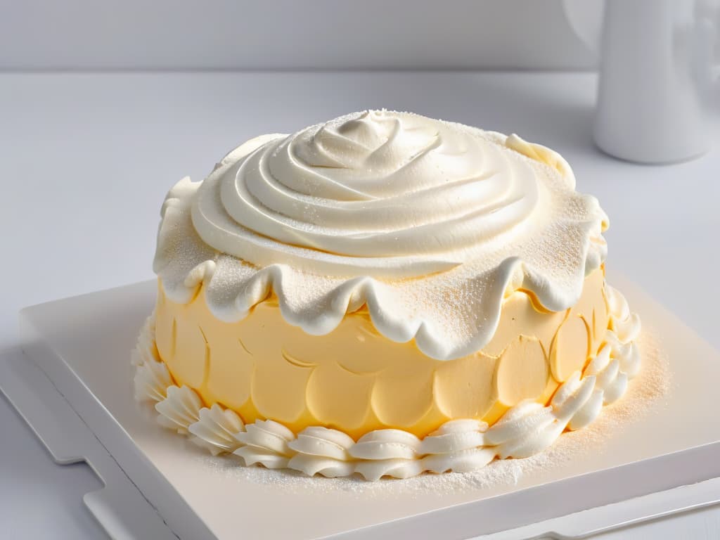  A closeup, photorealistic image of a glossy, perfectly sculpted meringue peak, delicately browned on the edges, with tiny air bubbles visible throughout, set against a pristine white backdrop. The texture of the meringue should appear light and fluffy, with a hint of golden caramelization, showcasing the ideal result achievable with the secret ingredient of cream of tartar. hyperrealistic, full body, detailed clothing, highly detailed, cinematic lighting, stunningly beautiful, intricate, sharp focus, f/1. 8, 85mm, (centered image composition), (professionally color graded), ((bright soft diffused light)), volumetric fog, trending on instagram, trending on tumblr, HDR 4K, 8K