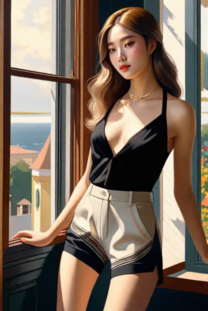  masterpiece, best quality, best quality, realistic portrait, female, delicate features,(middle hair 1.2), black shawl,(full body: 1.5), see-through halter top, thin shorts, indoor, morning light, standing in front of window