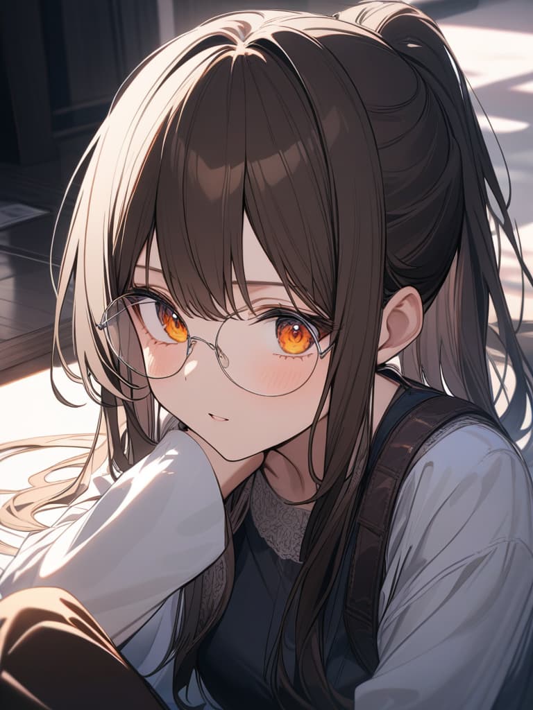  Amber eyes, round glasses, burnt brown hair, long hair, ponytail, Sister, masterpiece, best quality,8k,ultra detailed,high resolution,an extremely delicate and beautiful,hyper detail