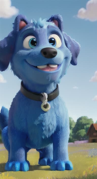  {A happy, big blue dog wagging its tail in a colorful meadow, The big blue dog is large with sky blue fur, big round eyes, a black nose, and floppy ears.