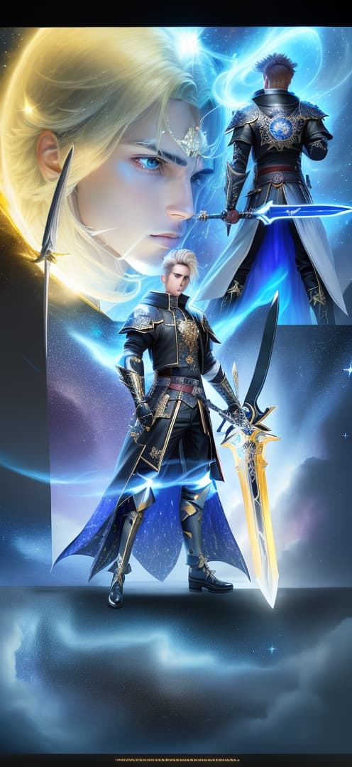  main character male in with black jacket holding two swords of both orion and gold star knights Sagittarius unleashed both auras of the cosmic Force, hyperrealistic, high quality, highly detailed, perfect lighting, intricate, sharp focus, f/1. 8, 85mm, (centered image composition), (professionally color graded), ((bright soft diffused light)), trending on instagram, HDR 4K, 8K