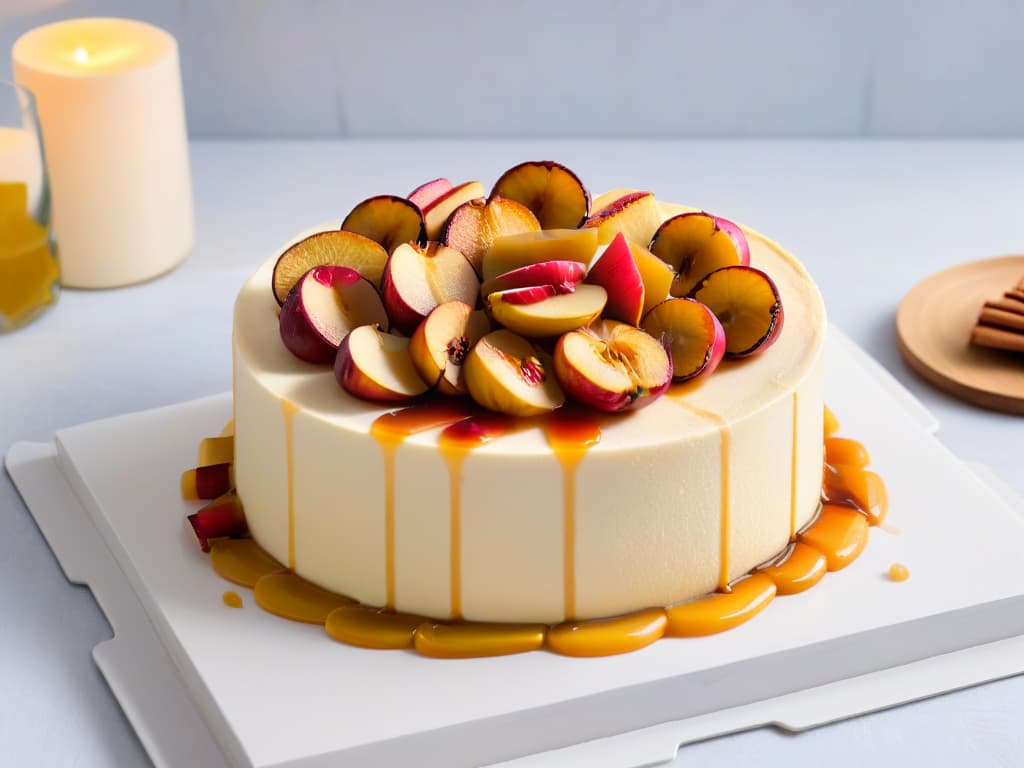  An ultradetailed 8k image of a luscious cheesecake topped with thinly sliced caramelized apples, a light dusting of cinnamon, and a drizzle of golden honey, all on a sleek, modern white plate with a subtle textured background that enhances the minimalistic yet luxurious feel of the dessert. hyperrealistic, full body, detailed clothing, highly detailed, cinematic lighting, stunningly beautiful, intricate, sharp focus, f/1. 8, 85mm, (centered image composition), (professionally color graded), ((bright soft diffused light)), volumetric fog, trending on instagram, trending on tumblr, HDR 4K, 8K