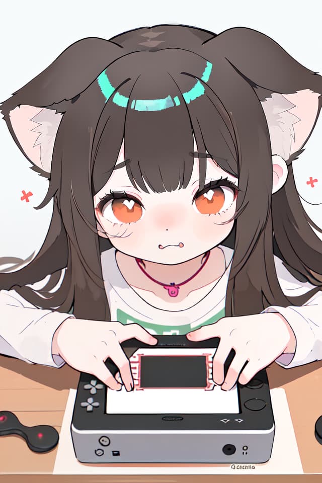  Dog girl with long hair and sagging ears loves to play games,Her shy face is so cute,gamepad,face focus,enbarred