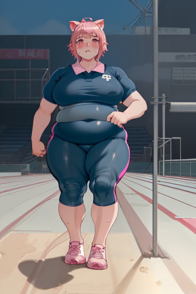  anthropomorphic furry pig girl、athletics uniform、extremely obese policewoman of pig girl:1.2、bright deep pink colored short hair、droopy bent pig's ears、ultra detailed plump & fat face、sprint down on the track、sweaty & troubled expression、💩、💩、