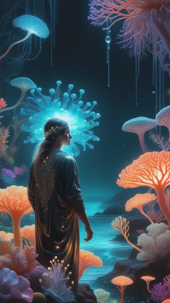  photo RAW,HD,8K, (Ultra detailed illustration of a person lost in a magical world of wonders, glowy, bioluminescent flora, incredibly detailed, pastel colors, art by Mschiffer, night, bioluminescence, ultrarealistic, hyperrealistice, hyperdetailed: shiny aura, highly detailed, black pearls, gold and coral filigree, intricate motifs, organic tracery, Kiernan Shipka, Januz Miralles, Hikari Shimoda, glowing stardust by W. Zelmer, perfect composition, smooth, sharp focus, sparkling particles, lively coral reef colored background Realistic, realism, hd, 35mm photograph, 8k), masterpiece, award winning photography, natural light, perfect composition, high detail, hyper realistic, add depth, water background, (Hyperdetailed,hyper realistic backgro hyperrealistic, full body, detailed clothing, highly detailed, cinematic lighting, stunningly beautiful, intricate, sharp focus, f/1. 8, 85mm, (centered image composition), (professionally color graded), ((bright soft diffused light)), volumetric fog, trending on instagram, trending on tumblr, HDR 4K, 8K