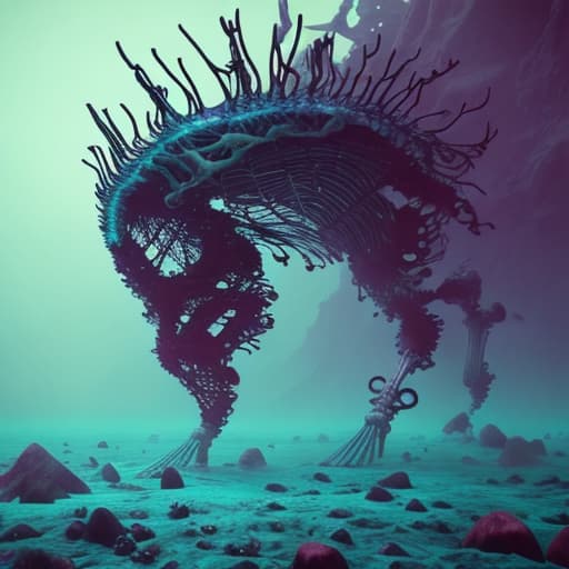  Deep in the ocean, a colossal skeleton is adorned with vibrant algae and microscopic creatures, creating a beautiful and eerie sanctuary. This skeletal wonder serves as a poignant reminder of nature's resilience, the interconnectedness of life, and the inevitability of death. hyperrealistic, full body, detailed clothing, highly detailed, cinematic lighting, stunningly beautiful, intricate, sharp focus, f/1. 8, 85mm, (centered image composition), (professionally color graded), ((bright soft diffused light)), volumetric fog, trending on instagram, trending on tumblr, HDR 4K, 8K