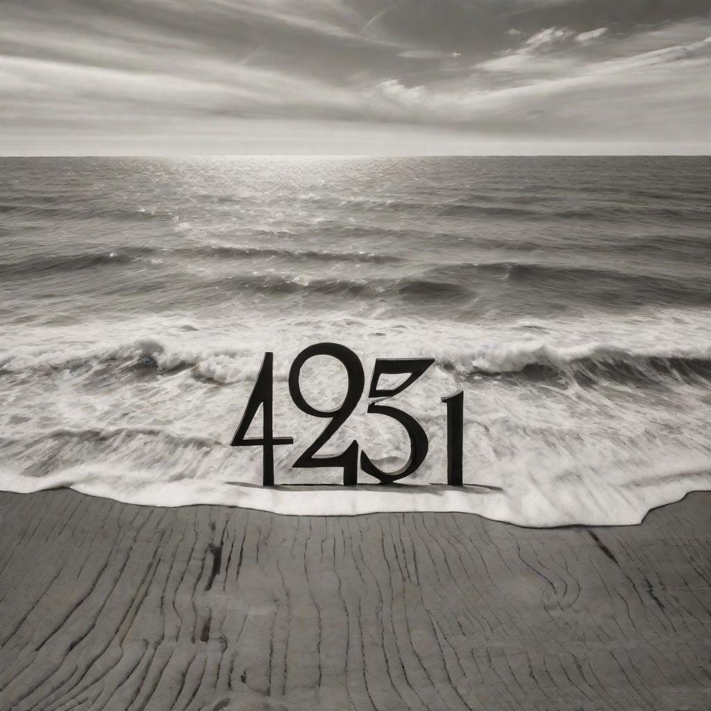  masterpiece, best quality, A black and white photograph of the number "1945" written in elegant calligraphy, placed on a weathered wooden board. The waves of a vast ocean serve as a backdrop, with the sunlight reflecting off the water, creating a soft and serene atmosphere. The photograph is captured using a vintage film camera, enhancing the nostalgic feel of the image.