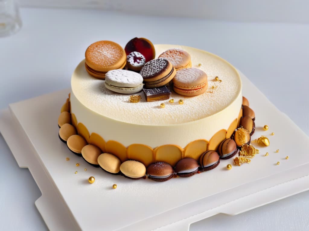  An ultradetailed, highresolution image of a beautifully crafted dessert plate featuring a fusion of international gourmet desserts. The plate includes delicate French macarons, rich Italian tiramisu, colorful Japanese mochi, and decadent American cheesecake, all artfully arranged with a touch of edible gold leaf for a luxurious touch. The desserts are presented on a sleek, modern white plate against a minimalist backdrop, highlighting the exquisite flavors and cultural blend of these gourmet treats. hyperrealistic, full body, detailed clothing, highly detailed, cinematic lighting, stunningly beautiful, intricate, sharp focus, f/1. 8, 85mm, (centered image composition), (professionally color graded), ((bright soft diffused light)), volumetric fog, trending on instagram, trending on tumblr, HDR 4K, 8K