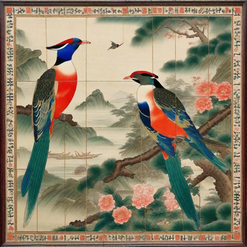  masterpiece, best quality,The distant mountains are green and green The silk is half dyed with rouge tears. Tortoiseshell, swallows fly between beams. The mandarin ducks sleep on the tiles.