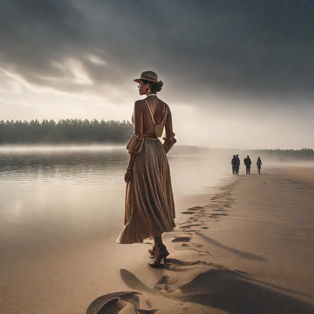  River, sand, girl, boy hyperrealistic, full body, detailed clothing, highly detailed, cinematic lighting, stunningly beautiful, intricate, sharp focus, f/1. 8, 85mm, (centered image composition), (professionally color graded), ((bright soft diffused light)), volumetric fog, trending on instagram, trending on tumblr, HDR 4K, 8K