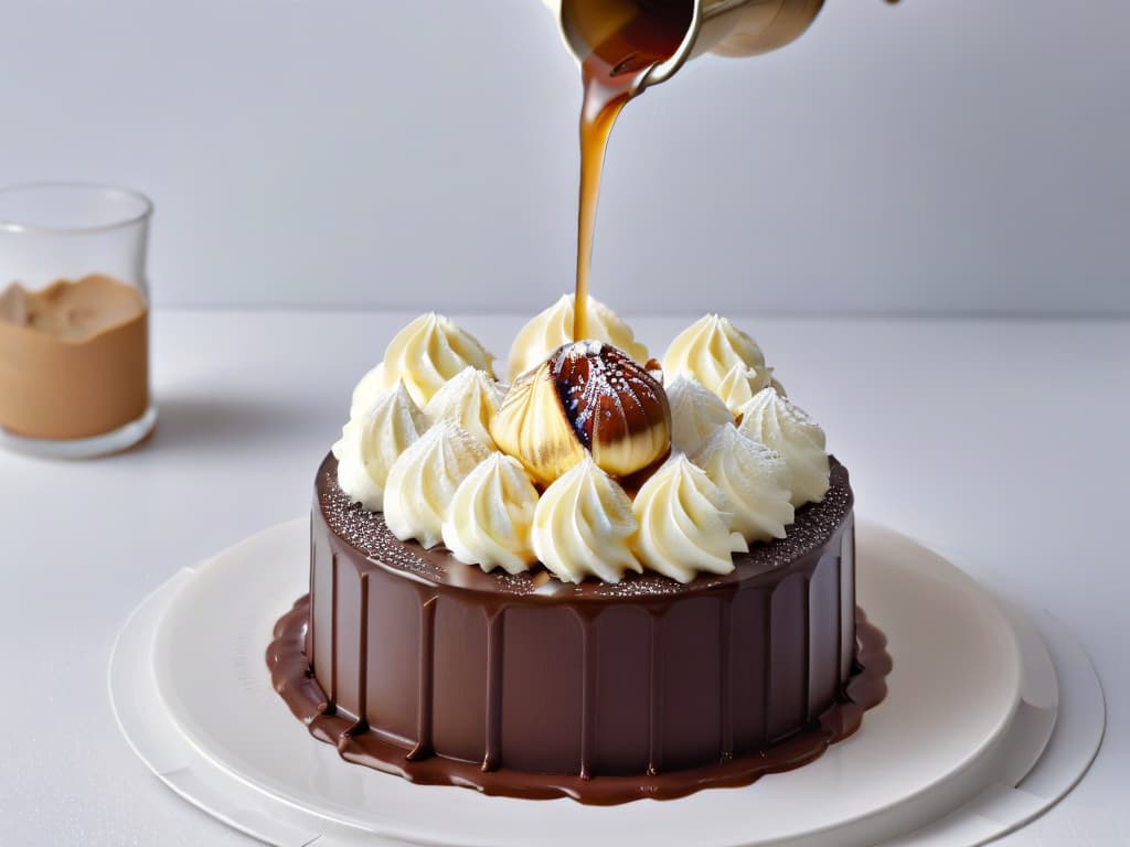  A closeup, photorealistic image of a glossy, perfectly emulsified chocolate ganache being poured over a delicate, airy foam of vanilla bean. The rich brown ganache contrasts beautifully with the light, fluffy white foam, showcasing the textural difference between the two elements. The lighting captures the sheen of the ganache and the airy bubbles in the foam, creating a mouthwatering and visually stunning dessert composition. hyperrealistic, full body, detailed clothing, highly detailed, cinematic lighting, stunningly beautiful, intricate, sharp focus, f/1. 8, 85mm, (centered image composition), (professionally color graded), ((bright soft diffused light)), volumetric fog, trending on instagram, trending on tumblr, HDR 4K, 8K