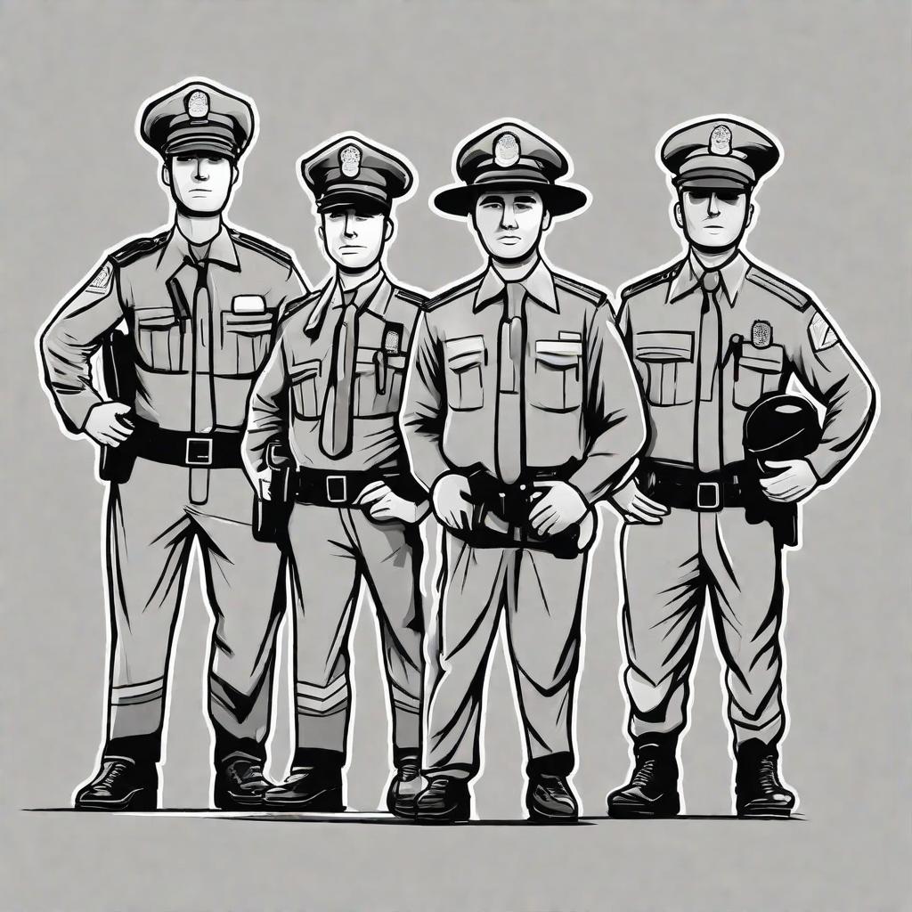  masterpiece, best quality,Please generate a black-and-white stick figure with three male policemen wearing hats. The style should be cartoon style and the lines should be simple. No background other than the three policemen.