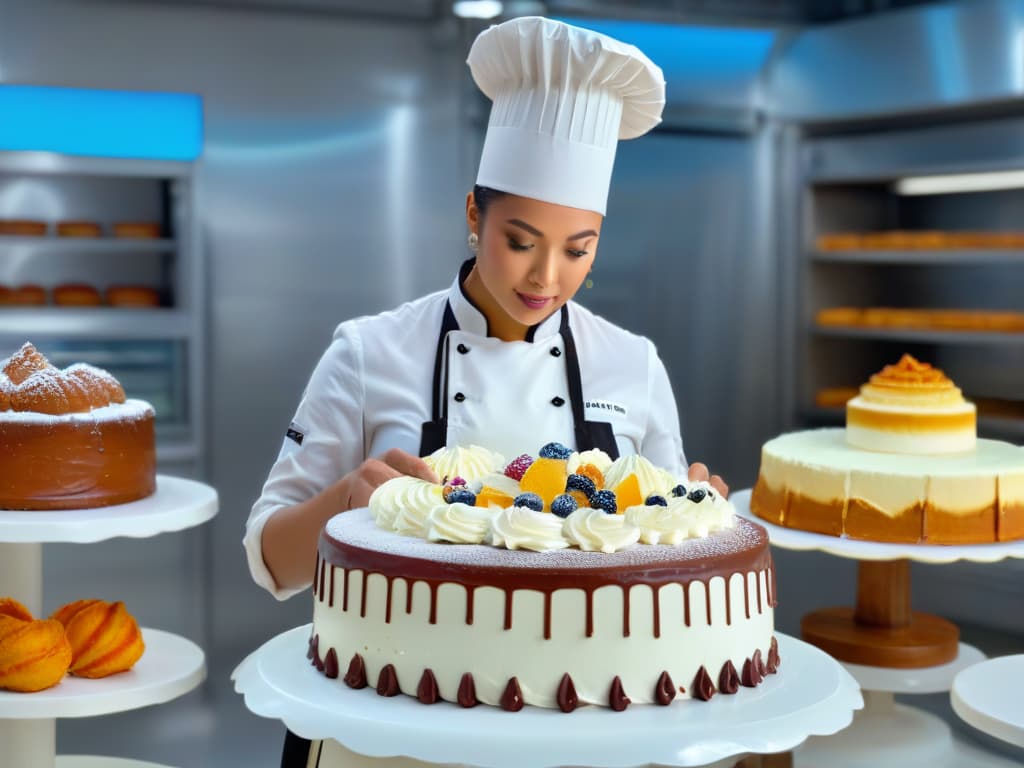  A photorealistic image of a professional pastry chef wearing a chef's hat and apron, surrounded by holographic AR overlays of intricate cake designs and digital baking tools. The chef is focused and inspired, showcasing a mix of traditional baking techniques with cuttingedge AR technology, creating a futuristic and innovative atmosphere in a modern bakery kitchen. hyperrealistic, full body, detailed clothing, highly detailed, cinematic lighting, stunningly beautiful, intricate, sharp focus, f/1. 8, 85mm, (centered image composition), (professionally color graded), ((bright soft diffused light)), volumetric fog, trending on instagram, trending on tumblr, HDR 4K, 8K