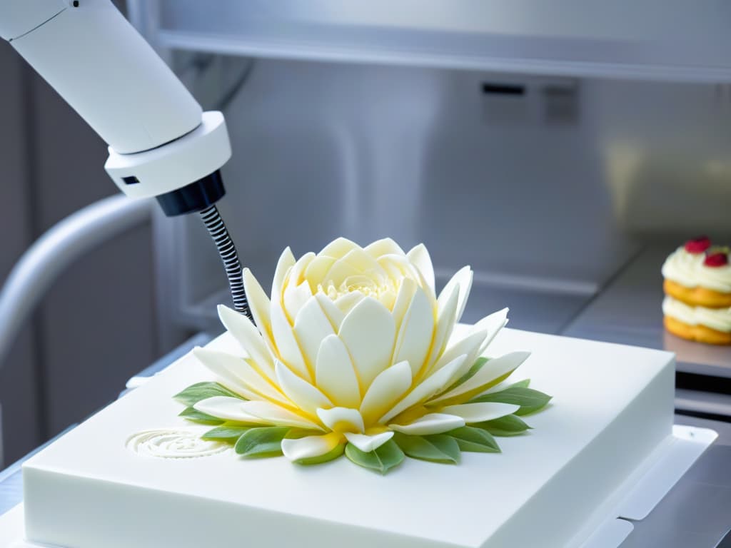  A closeup, ultradetailed image of a delicate sugar flower being intricately crafted by a robotic arm in a sleek, futuristic bakery setting. The robotic arm, with precision and grace, delicately places each petal in perfect alignment, showcasing the harmonious blend of tradition, technology, and sustainability in the art of pastry making. The image captures the essence of innovation and precision in sustainable robotics within the realm of pastry arts, inviting viewers to ponder the evolution of traditional practices through technological advancements. hyperrealistic, full body, detailed clothing, highly detailed, cinematic lighting, stunningly beautiful, intricate, sharp focus, f/1. 8, 85mm, (centered image composition), (professionally color graded), ((bright soft diffused light)), volumetric fog, trending on instagram, trending on tumblr, HDR 4K, 8K