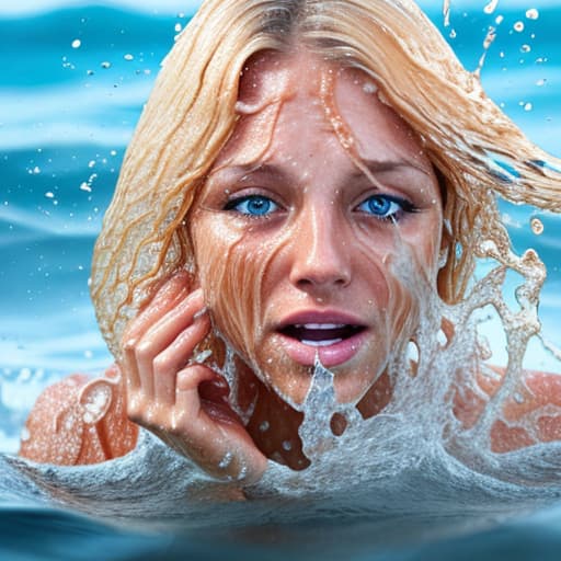  tanned blonde woman's face sinking in the water she's panic a lot of water waves and splashes around her