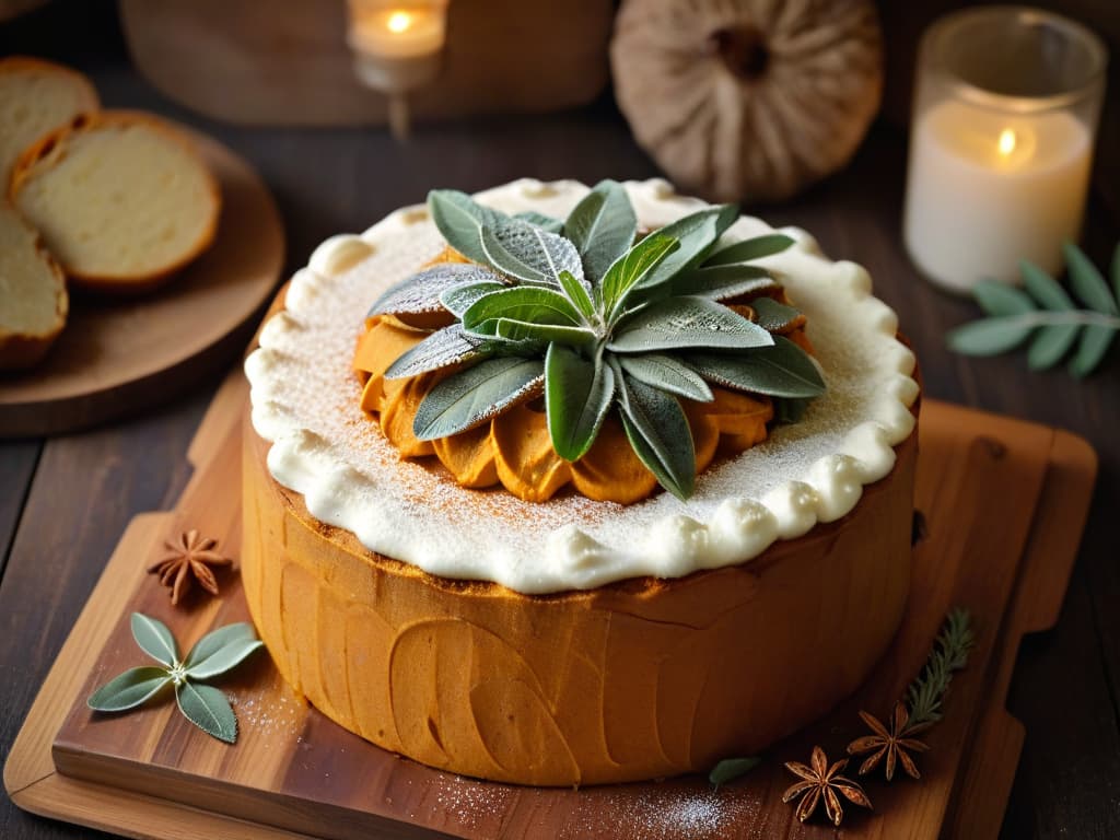  A minimalistic image of a beautifully textured and perfectly baked sweet potato cake, dusted with a light sprinkle of cinnamon, resting on a rustic wooden table. The cake is adorned with a few fresh sage leaves, emphasizing the autumnal theme. The warm, golden hues of the cake contrast elegantly with the dark, rich tones of the wooden table, creating a visually appealing and inviting scene that captures the essence of fall flavors. hyperrealistic, full body, detailed clothing, highly detailed, cinematic lighting, stunningly beautiful, intricate, sharp focus, f/1. 8, 85mm, (centered image composition), (professionally color graded), ((bright soft diffused light)), volumetric fog, trending on instagram, trending on tumblr, HDR 4K, 8K