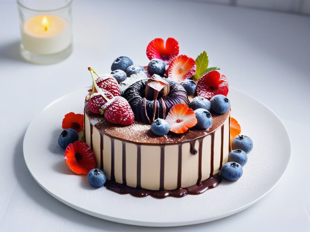  An ultradetailed image of an elegantly plated vegan dessert masterpiece, featuring intricate swirls of dairyfree cream, vibrant fresh berries, delicate edible flowers, and a drizzle of sustainable chocolate sauce, all carefully arranged on a sleek, modern white plate set against a minimalist backdrop to highlight the artistry and beauty of plantbased sweets in 2023. hyperrealistic, full body, detailed clothing, highly detailed, cinematic lighting, stunningly beautiful, intricate, sharp focus, f/1. 8, 85mm, (centered image composition), (professionally color graded), ((bright soft diffused light)), volumetric fog, trending on instagram, trending on tumblr, HDR 4K, 8K