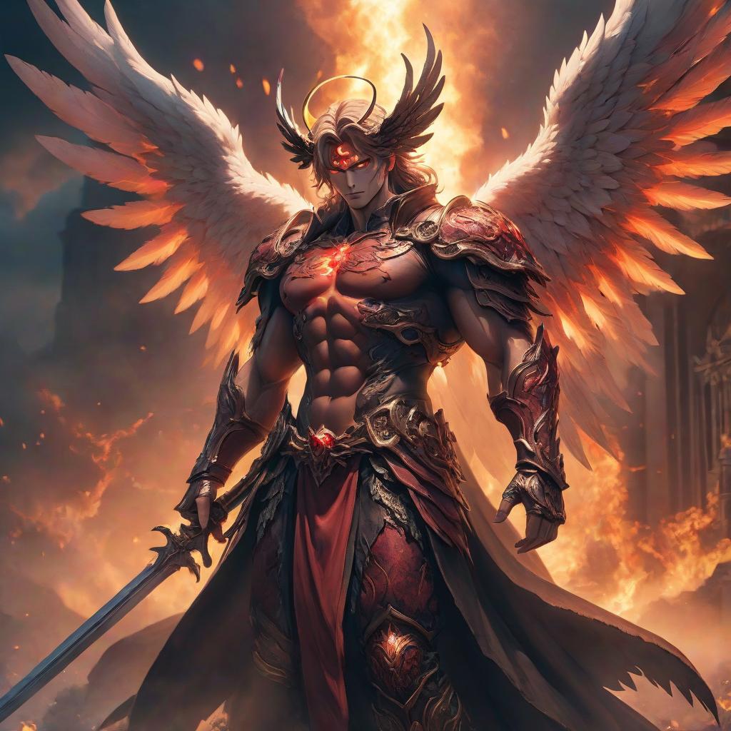  A healthy man, the angel of hell and heaven in one form in anime style. hyperrealistic, full body, detailed clothing, highly detailed, cinematic lighting, stunningly beautiful, intricate, sharp focus, f/1. 8, 85mm, (centered image composition), (professionally color graded), ((bright soft diffused light)), volumetric fog, trending on instagram, trending on tumblr, HDR 4K, 8K