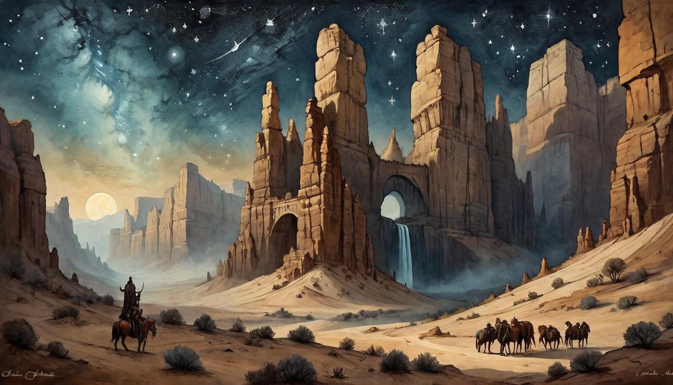  on parchment, surrealism+++, A vast, echoing canyon under a night sky, a faint echo carrying across, canyon majestic and stark, sky littered with stars, voice of truth, drowned whispers(mysterious, provocative, symbolic,muted color)+++