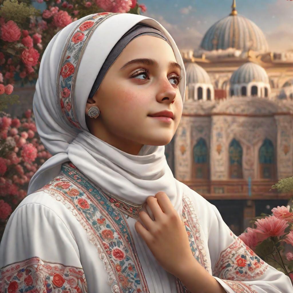  masterpiece, best quality, Best quality, masterpiece, 8k resolution, realistic, highly detailed. A young animated girl. White hijab covering her all hair. Wearing traditional floral dress. The background is in some festival.