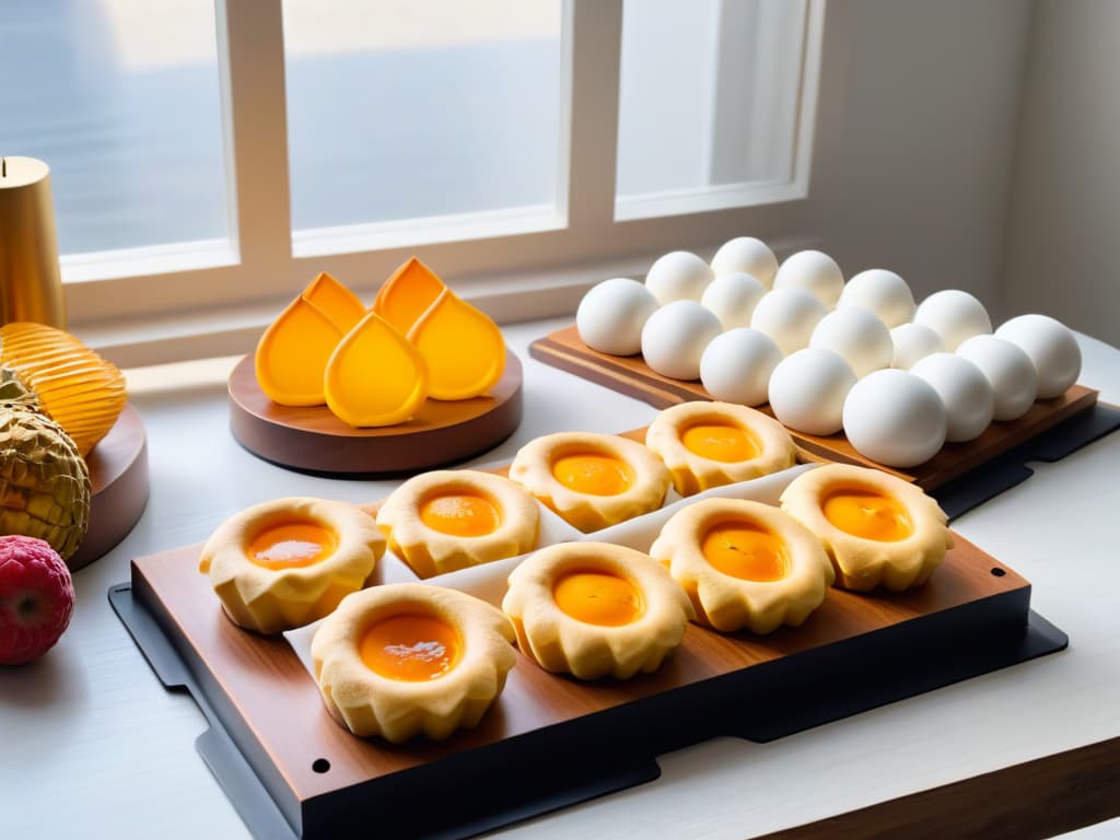  A highresolution, minimalist image of various sleek and modern pastry molds neatly arranged on a light wooden table. The molds are in different shapes and sizes, casting soft shadows in the natural light that streams in from a nearby window. The focus is on the clean lines and elegant designs of the molds, showcasing their quality and craftsmanship. hyperrealistic, full body, detailed clothing, highly detailed, cinematic lighting, stunningly beautiful, intricate, sharp focus, f/1. 8, 85mm, (centered image composition), (professionally color graded), ((bright soft diffused light)), volumetric fog, trending on instagram, trending on tumblr, HDR 4K, 8K