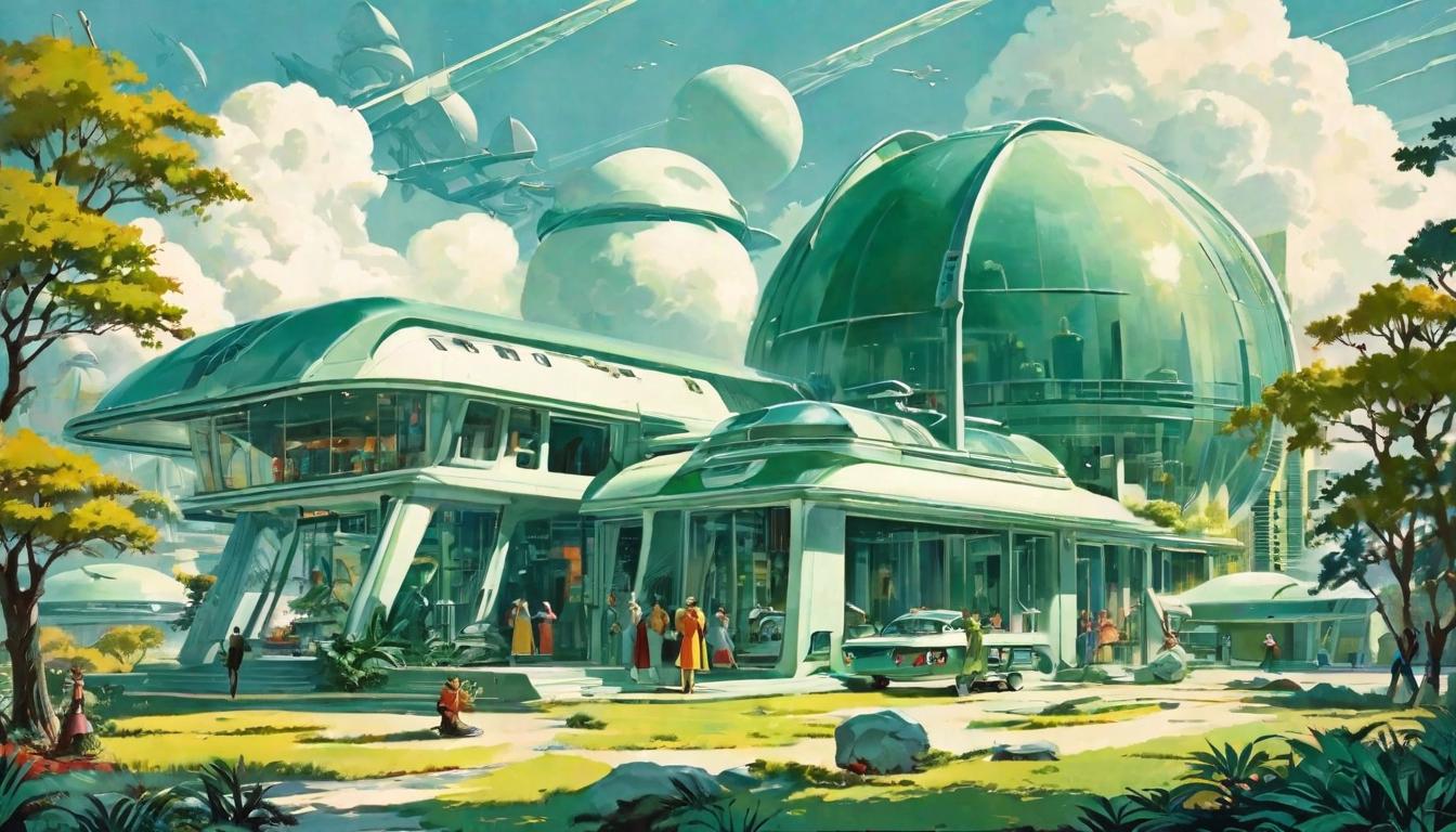  retro futuristic Innovative technologies, nature harmonization, eco friendly devices, green energy, futuristic design lvintage sci fi, 50s and 60s style, atomic age, vibrant, highly detailed