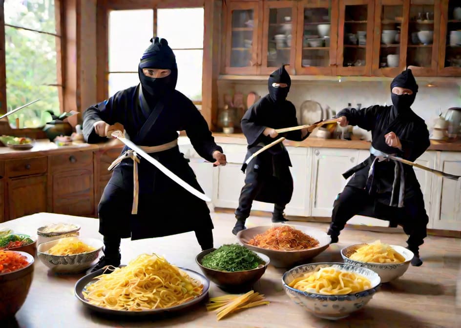  Show a group of ninja characters dressed in traditional black garb, wielding penne pasta as swords and using macaroni as throwing stars. Add a humorous twist by having them sneakily raiding a kitchen pantry, with the caption "Noodle Ninjas: Silent but Carb ulous". hyperrealistic, full body, detailed clothing, highly detailed, cinematic lighting, stunningly beautiful, intricate, sharp focus, f/1. 8, 85mm, (centered image composition), (professionally color graded), ((bright soft diffused light)), volumetric fog, trending on instagram, trending on tumblr, HDR 4K, 8K