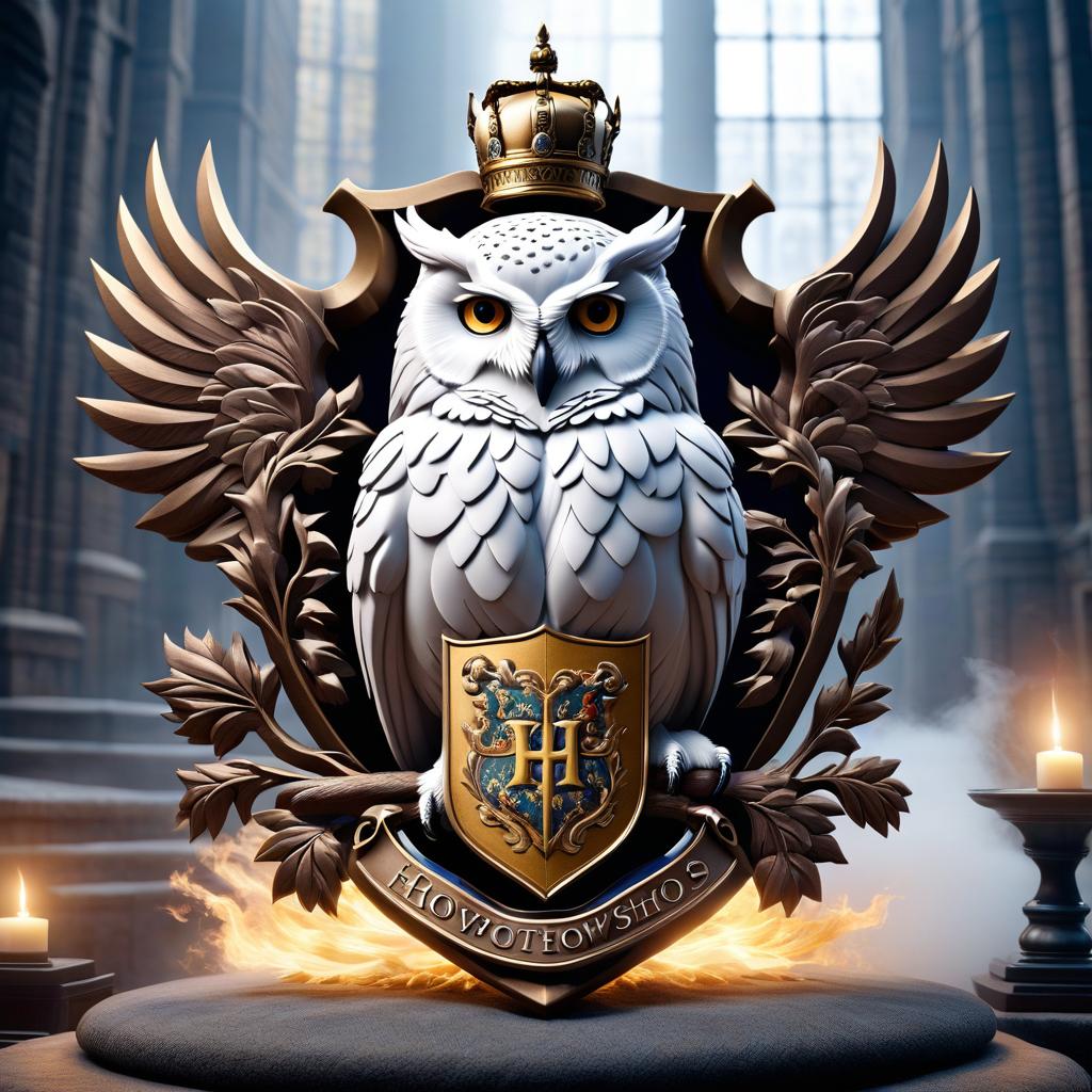  The coat of arms for Hogwarts School. On the coat of arms, there is just a white owl drawn. hyperrealistic, full body, detailed clothing, highly detailed, cinematic lighting, stunningly beautiful, intricate, sharp focus, f/1. 8, 85mm, (centered image composition), (professionally color graded), ((bright soft diffused light)), volumetric fog, trending on instagram, trending on tumblr, HDR 4K, 8K