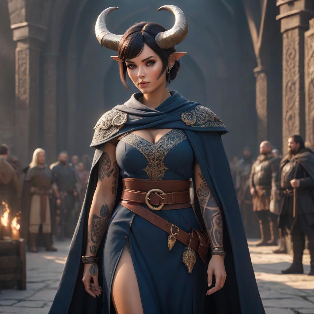  A Tiffling woman, horns, medieval clothes, belts, capes, dark short hair up to shoulders, runic tattoos, high details, tanned skin hyperrealistic, full body, detailed clothing, highly detailed, cinematic lighting, stunningly beautiful, intricate, sharp focus, f/1. 8, 85mm, (centered image composition), (professionally color graded), ((bright soft diffused light)), volumetric fog, trending on instagram, trending on tumblr, HDR 4K, 8K