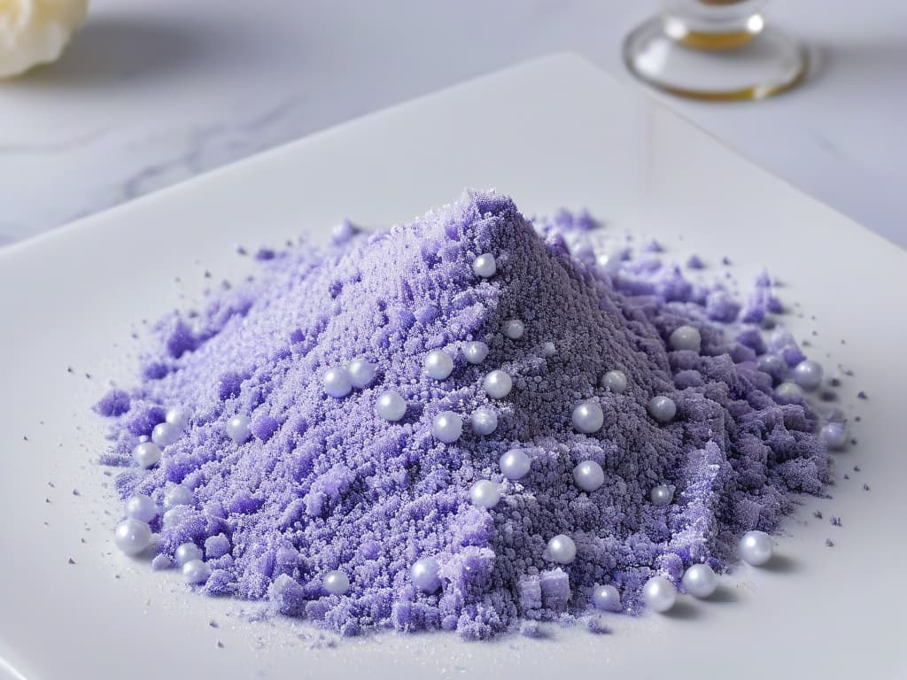  A closeup, ultradetailed image of a small batch of homemade pearl sugar glistening on a marble countertop. Each grain of sugar sparkles in the light, showcasing its unique shape and texture. The sugar crystals are irregular in size, reflecting a handmade touch, and are surrounded by scattered vanilla pods and fresh blooming lavender, adding a touch of elegance to the composition. The minimalist aesthetic highlights the beauty and simplicity of creating your own pearl sugar at home. hyperrealistic, full body, detailed clothing, highly detailed, cinematic lighting, stunningly beautiful, intricate, sharp focus, f/1. 8, 85mm, (centered image composition), (professionally color graded), ((bright soft diffused light)), volumetric fog, trending on instagram, trending on tumblr, HDR 4K, 8K