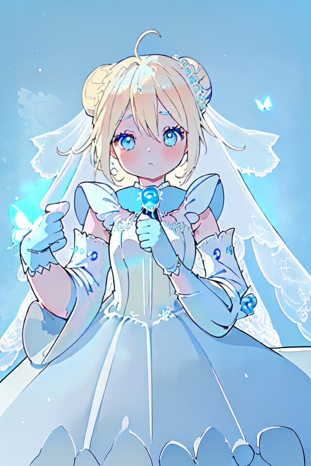  (Shiny butterfly,magic effect,pixiv,masterpiece,ultimate quality,8K wallpaper,1 girl),((blond hair,bun hair combined in one,blue eye)),((((blue pap sleeve wedding dress,light blue gloves,))),(blue hour),(luxurious castle background),