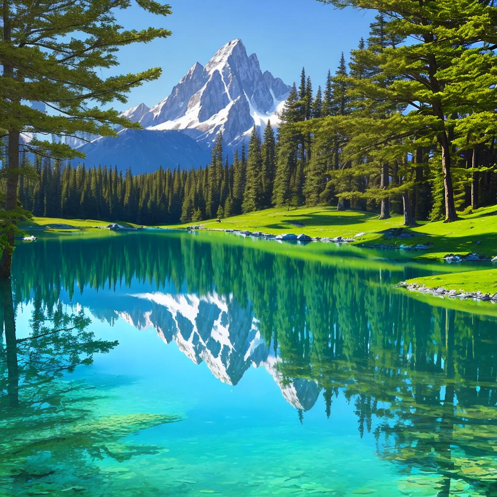  as a painting, Convey the serene majesty of towering mountains reflected in the crystal-clear waters of a tranquil alpine lake, using your unique artistic vision to evoke a sense of awe and tranquility.