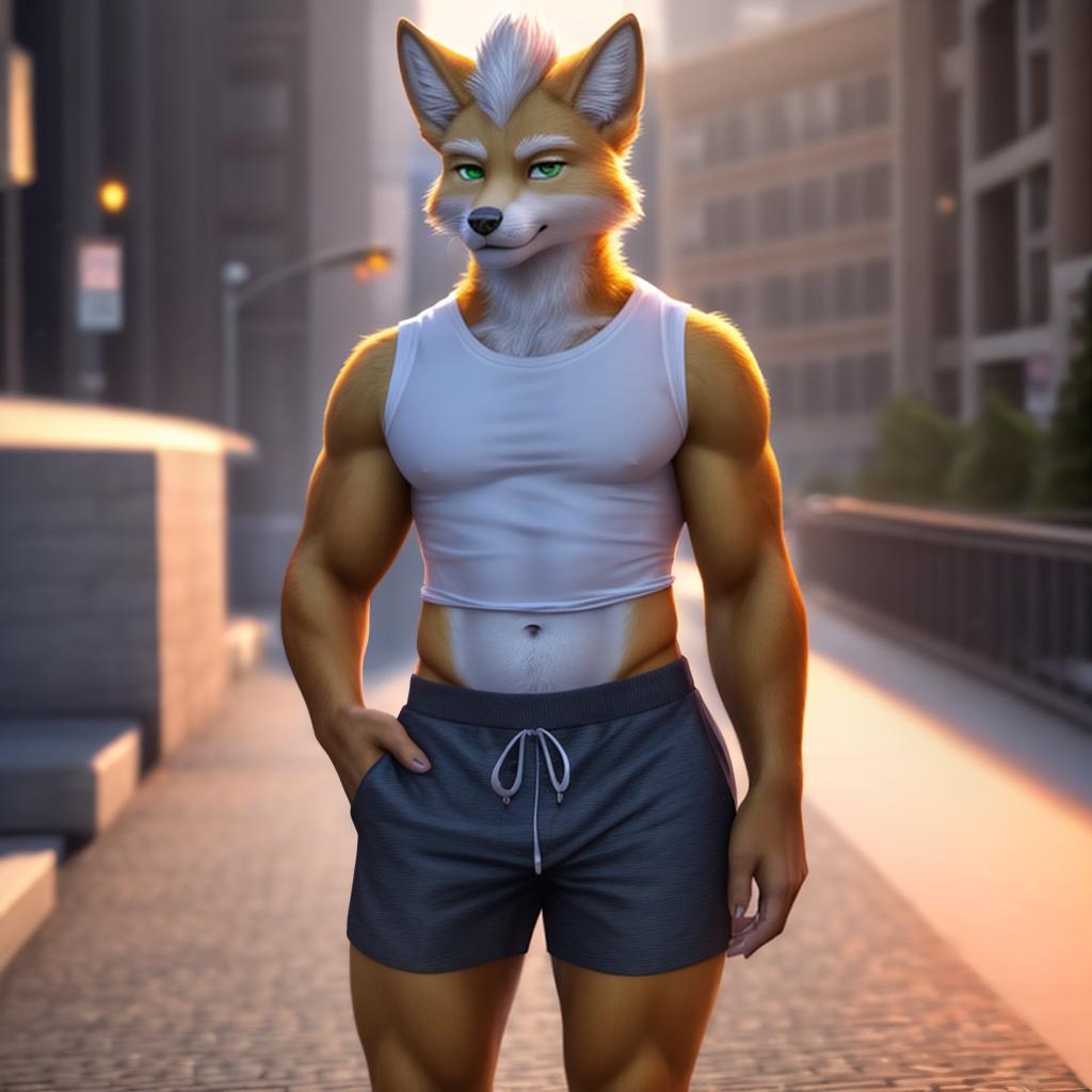  ultra high quality, romantic, anthro, furry, Fox McCloud at the park, male, solo, plain shirt, shorts, midriff, navel, green eyes, sexy pose, seductive look hyperrealistic, full body, detailed clothing, highly detailed, cinematic lighting, stunningly beautiful, intricate, sharp focus, f/1. 8, 85mm, (centered image composition), (professionally color graded), ((bright soft diffused light)), volumetric fog, trending on instagram, trending on tumblr, HDR 4K, 8K