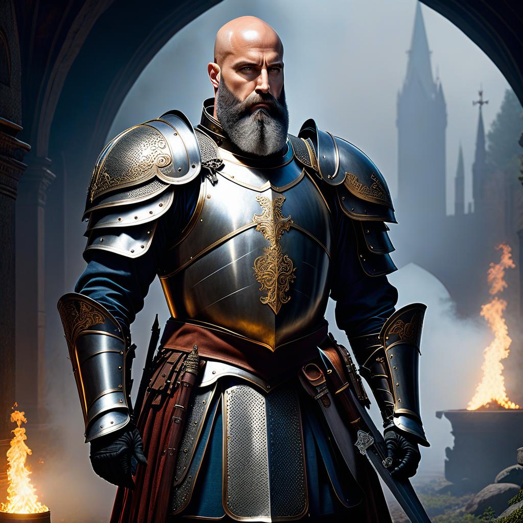  concept art A bald, bearded soldier in knight's armor, without a helmet. . digital artwork, illustrative, painterly, matte painting, highly detailed hyperrealistic, full body, detailed clothing, highly detailed, cinematic lighting, stunningly beautiful, intricate, sharp focus, f/1. 8, 85mm, (centered image composition), (professionally color graded), ((bright soft diffused light)), volumetric fog, trending on instagram, trending on tumblr, HDR 4K, 8K