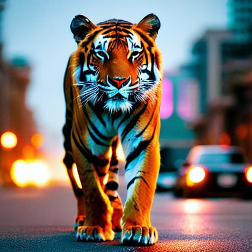  A robotic tiger with glowing eyes and metallic fur. Apply the Following Styles 3Drenderer hyperrealistic, full body, detailed clothing, highly detailed, cinematic lighting, stunningly beautiful, intricate, sharp focus, f/1. 8, 85mm, (centered image composition), (professionally color graded), ((bright soft diffused light)), volumetric fog, trending on instagram, trending on tumblr, HDR 4K, 8K