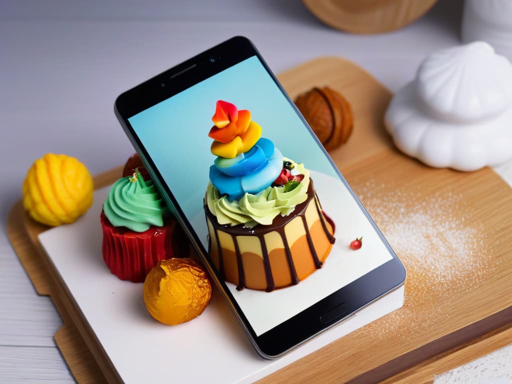  A highresolution, ultradetailed image of a sleek, modern smartphone showcasing a vibrant and interactive dessert design app. The app interface on the phone screen displays a variety of colorful and whimsical dessert decorations, from fondant shapes to pastry piping options, all set against a clean, minimalist background. The screen is filled with intricate details, showcasing the app's unique features and userfriendly design, perfect for inspiring creativity in dessert enthusiasts. hyperrealistic, full body, detailed clothing, highly detailed, cinematic lighting, stunningly beautiful, intricate, sharp focus, f/1. 8, 85mm, (centered image composition), (professionally color graded), ((bright soft diffused light)), volumetric fog, trending on instagram, trending on tumblr, HDR 4K, 8K