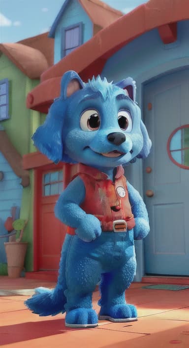  {Max the big blue dog standing in front of a cozy little house with a red door, The big blue dog is large with sky blue fur, big round eyes, a black nose, and floppy ears.