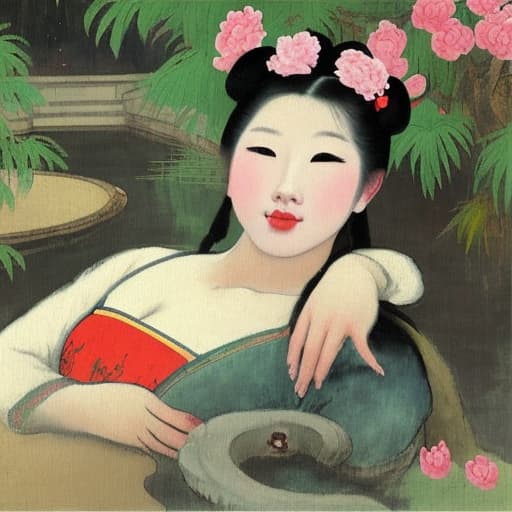  Happy Beautiful young Chinese reclining with pink cheeks and moist red lips. Background is a Chinese garden with animals. Painting style of Edgar Degas