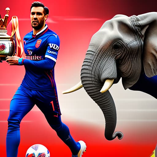 mdjrny-v4 style elephant wearing arsenal fc shirt running with premiere league trophy hyperrealistic, full body, detailed clothing, highly detailed, cinematic lighting, stunningly beautiful, intricate, sharp focus, f/1. 8, 85mm, (centered image composition), (professionally color graded), ((bright soft diffused light)), volumetric fog, trending on instagram, trending on tumblr, HDR 4K, 8K