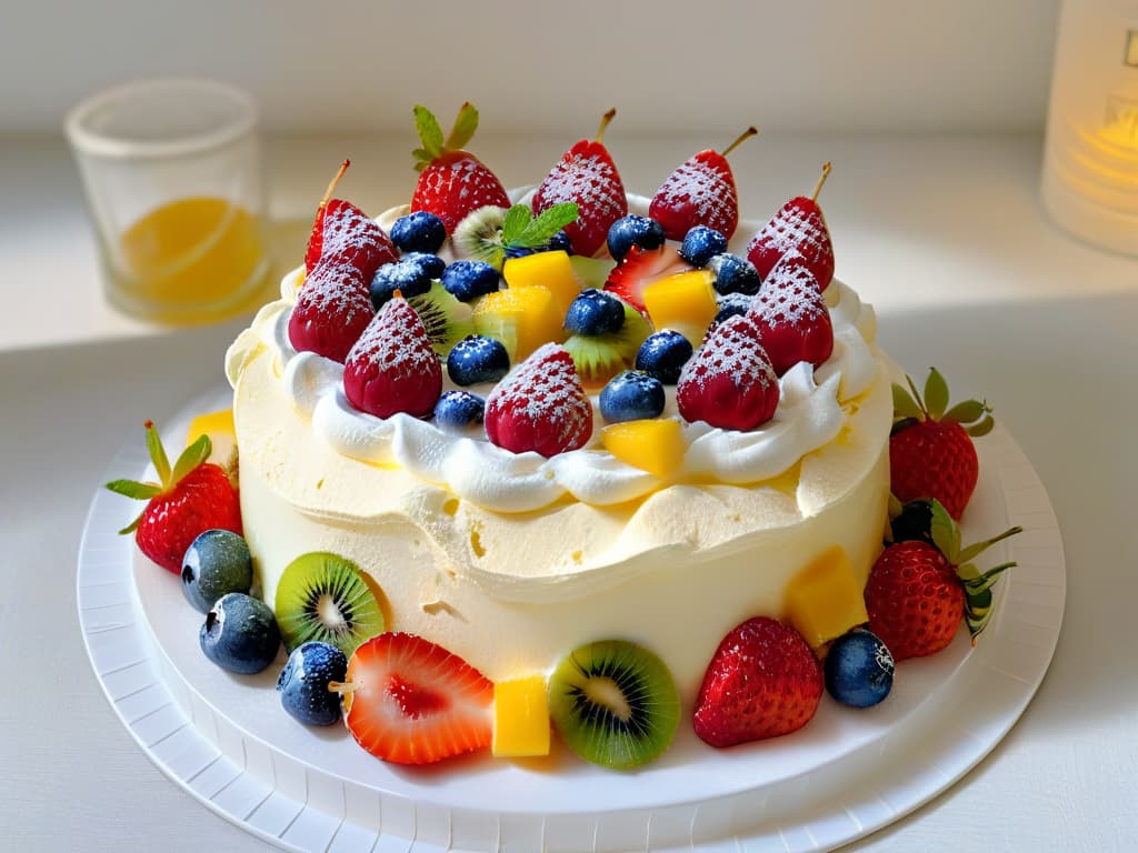  A photorealistic image of a delicate Pavlova dessert topped with a colorful array of summer fruits such as strawberries, blueberries, raspberries, mango, and kiwi, all beautifully arranged on top of a fluffy meringue base. The fruits glisten with freshness, and the Pavlova is dusted with a light sprinkling of powdered sugar, set on an elegant serving plate that exudes sophistication and culinary artistry. The background is softly blurred, focusing all attention on the exquisite details of the dessert. hyperrealistic, full body, detailed clothing, highly detailed, cinematic lighting, stunningly beautiful, intricate, sharp focus, f/1. 8, 85mm, (centered image composition), (professionally color graded), ((bright soft diffused light)), volumetric fog, trending on instagram, trending on tumblr, HDR 4K, 8K