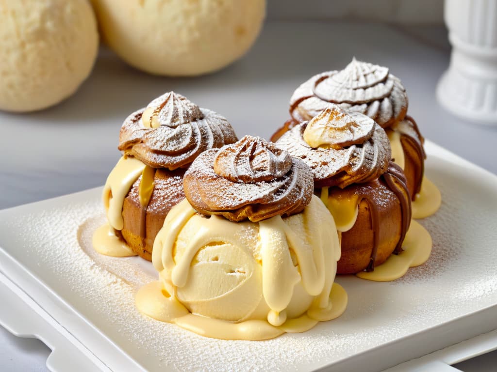  A closeup, ultradetailed image of a decadent profiterole filled with rich vanilla pastry cream, dusted with a light sprinkle of powdered sugar, resting on a sleek, modern white plate. The profiterole is perfectly golden and slightly cracked, with a glossy finish, showcasing its delicate texture and inviting indulgence. The background is softly blurred, emphasizing the elegant simplicity of the dessert. hyperrealistic, full body, detailed clothing, highly detailed, cinematic lighting, stunningly beautiful, intricate, sharp focus, f/1. 8, 85mm, (centered image composition), (professionally color graded), ((bright soft diffused light)), volumetric fog, trending on instagram, trending on tumblr, HDR 4K, 8K