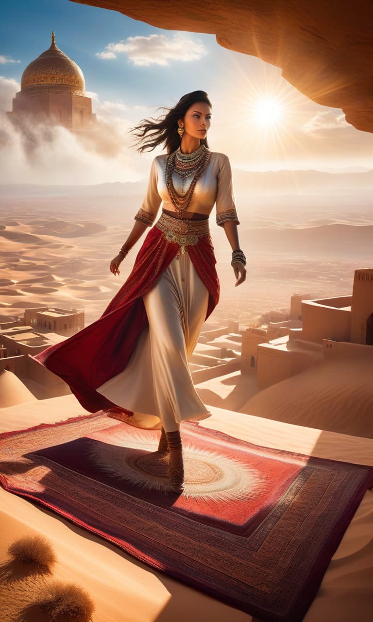  A girl in ethnic costume sits on a flying rug over an ancient city in the desert, rays of sunlight shining through the clouds, jewels glimmering in the sun. hyperrealistic, full body, detailed clothing, highly detailed, cinematic lighting, stunningly beautiful, intricate, sharp focus, f/1. 8, 85mm, (centered image composition), (professionally color graded), ((bright soft diffused light)), volumetric fog, trending on instagram, trending on tumblr, HDR 4K, 8K