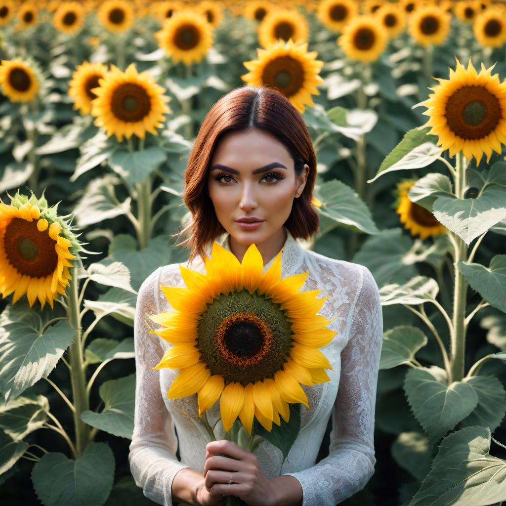  A sunflower hyperrealistic, full body, detailed clothing, highly detailed, cinematic lighting, stunningly beautiful, intricate, sharp focus, f/1. 8, 85mm, (centered image composition), (professionally color graded), ((bright soft diffused light)), volumetric fog, trending on instagram, trending on tumblr, HDR 4K, 8K