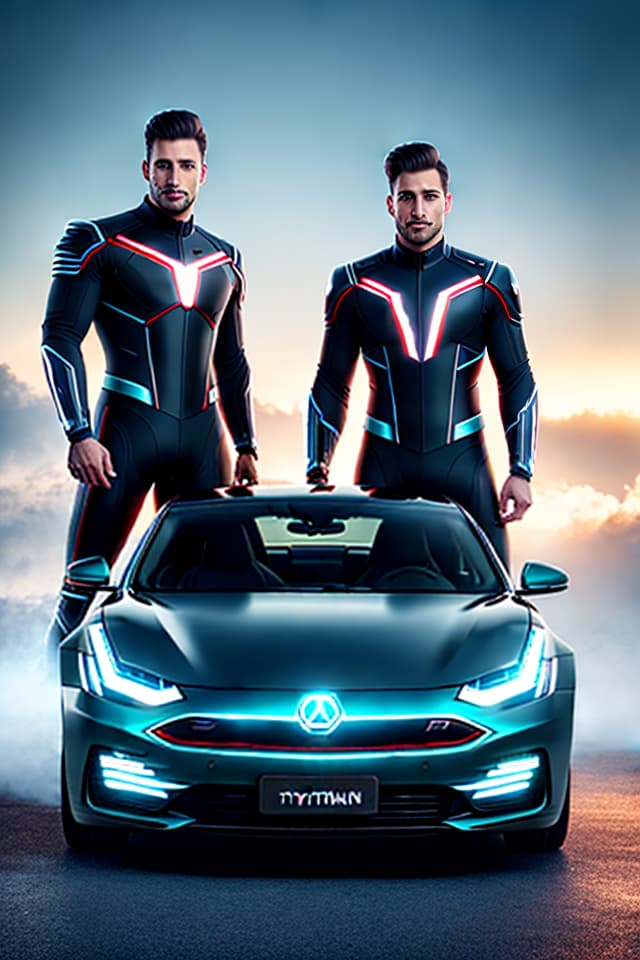 True, full -body photos, looking up, takeaway brothers riding an electric car, high definition hyperrealistic, full body, detailed clothing, highly detailed, cinematic lighting, stunningly beautiful, intricate, sharp focus, f/1. 8, 85mm, (centered image composition), (professionally color graded), ((bright soft diffused light)), volumetric fog, trending on instagram, trending on tumblr, HDR 4K, 8K